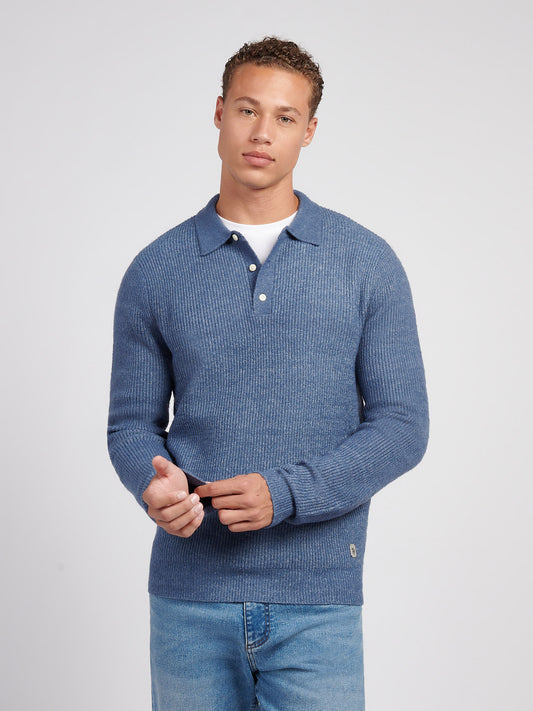 Mens Brushed Knit Long Sleeve Polo Shirt in Vintage Indigo