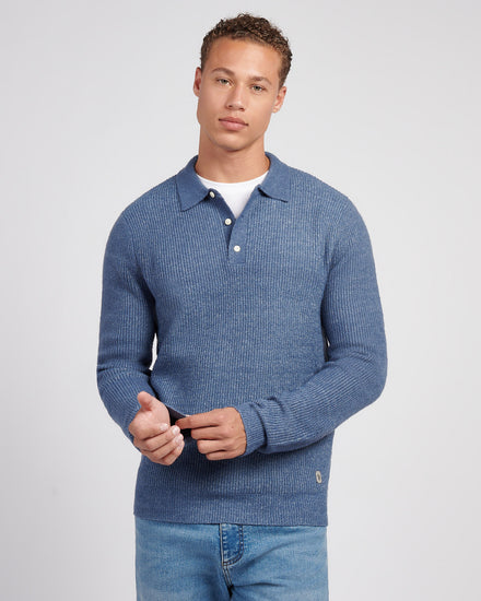 Mens Brushed Knit Long Sleeve Polo Shirt in Vintage Indigo