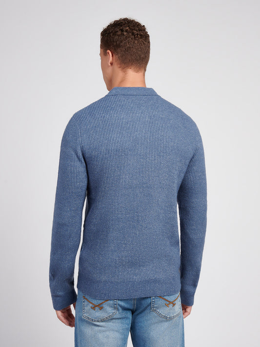 Mens Brushed Knit Long Sleeve Polo Shirt in Vintage Indigo