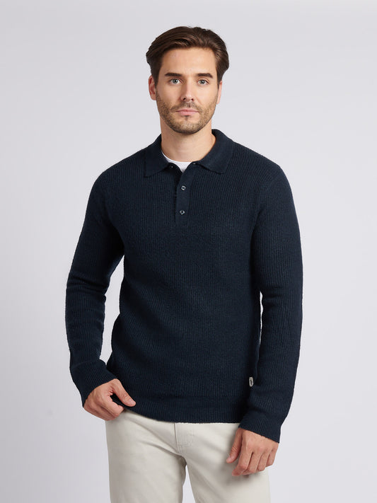 Mens Brushed Knit Long Sleeve Polo Shirt in Dark Sapphire Navy