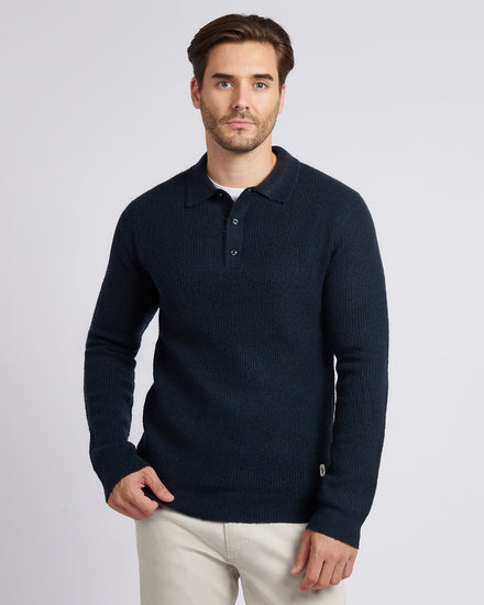 Mens Brushed Knit Long Sleeve Polo Shirt in Dark Sapphire Navy