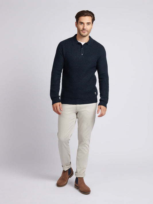 Mens Brushed Knit Long Sleeve Polo Shirt in Dark Sapphire Navy
