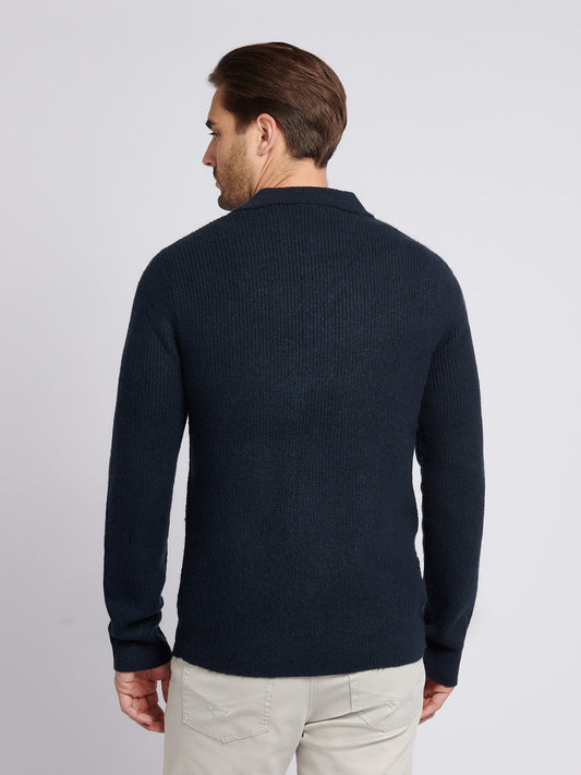 Mens Brushed Knit Long Sleeve Polo Shirt in Dark Sapphire Navy