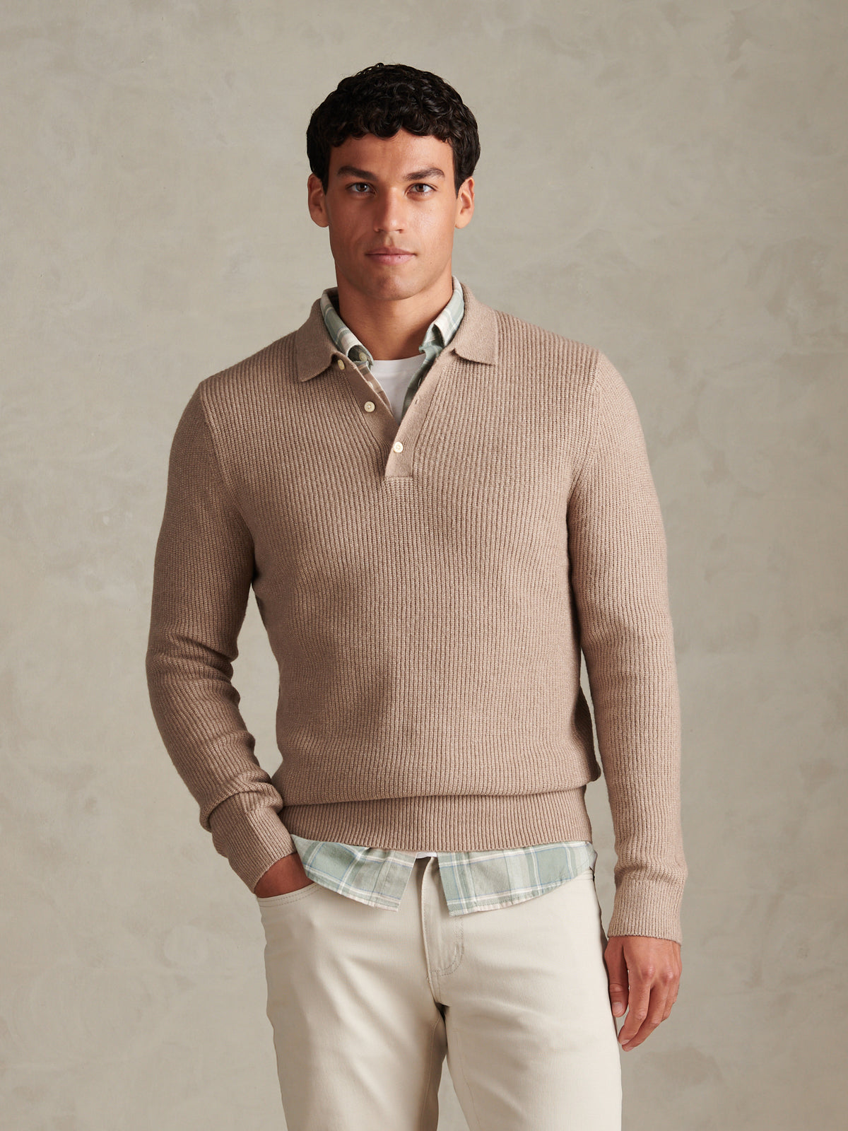 Mens Brushed Knit Long Sleeve Polo Shirt Cinder Marl