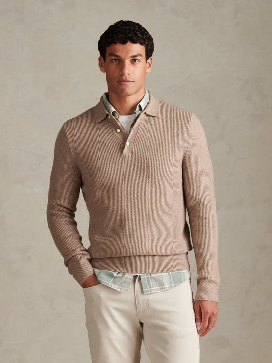 Mens Brushed Knit Long Sleeve Polo Shirt Cinder Marl