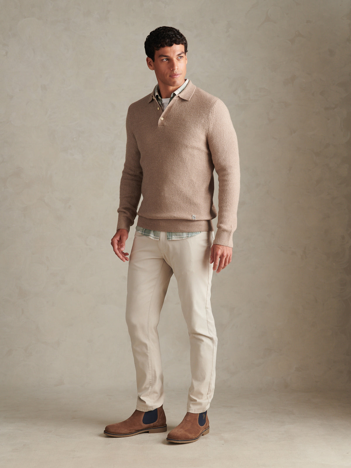 Mens Brushed Knit Long Sleeve Polo Shirt Cinder Marl