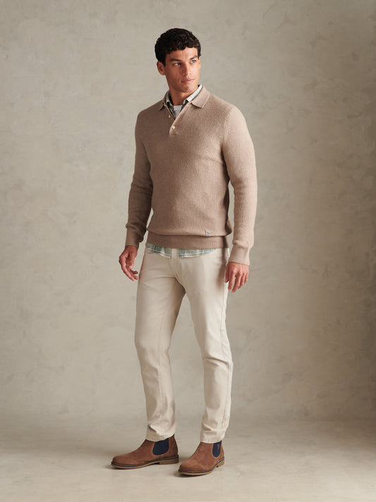 Mens Brushed Knit Long Sleeve Polo Shirt Cinder Marl