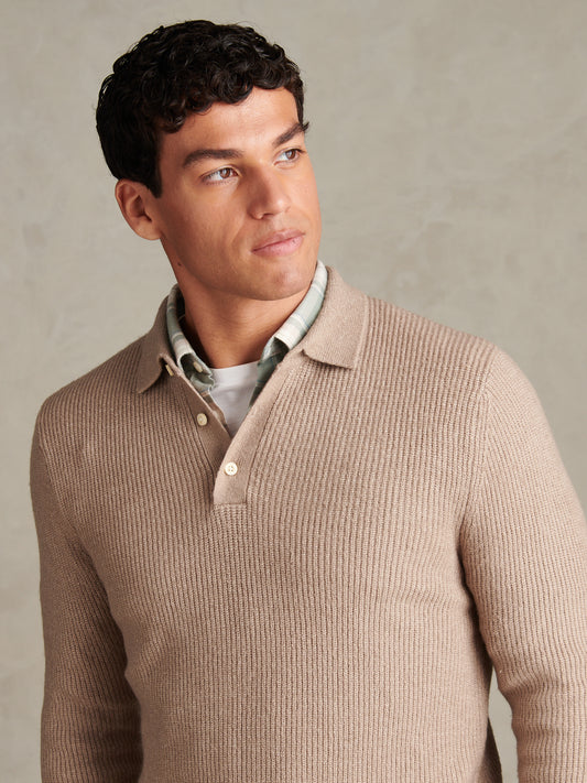 Mens Brushed Knit Long Sleeve Polo Shirt Cinder Marl