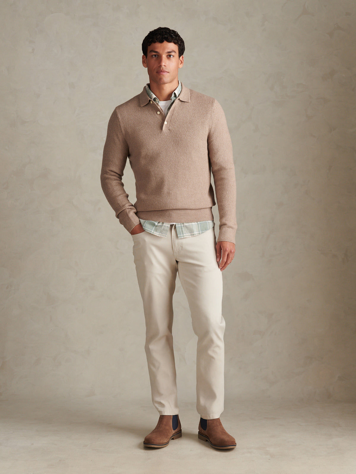 Mens Brushed Knit Long Sleeve Polo Shirt Cinder Marl