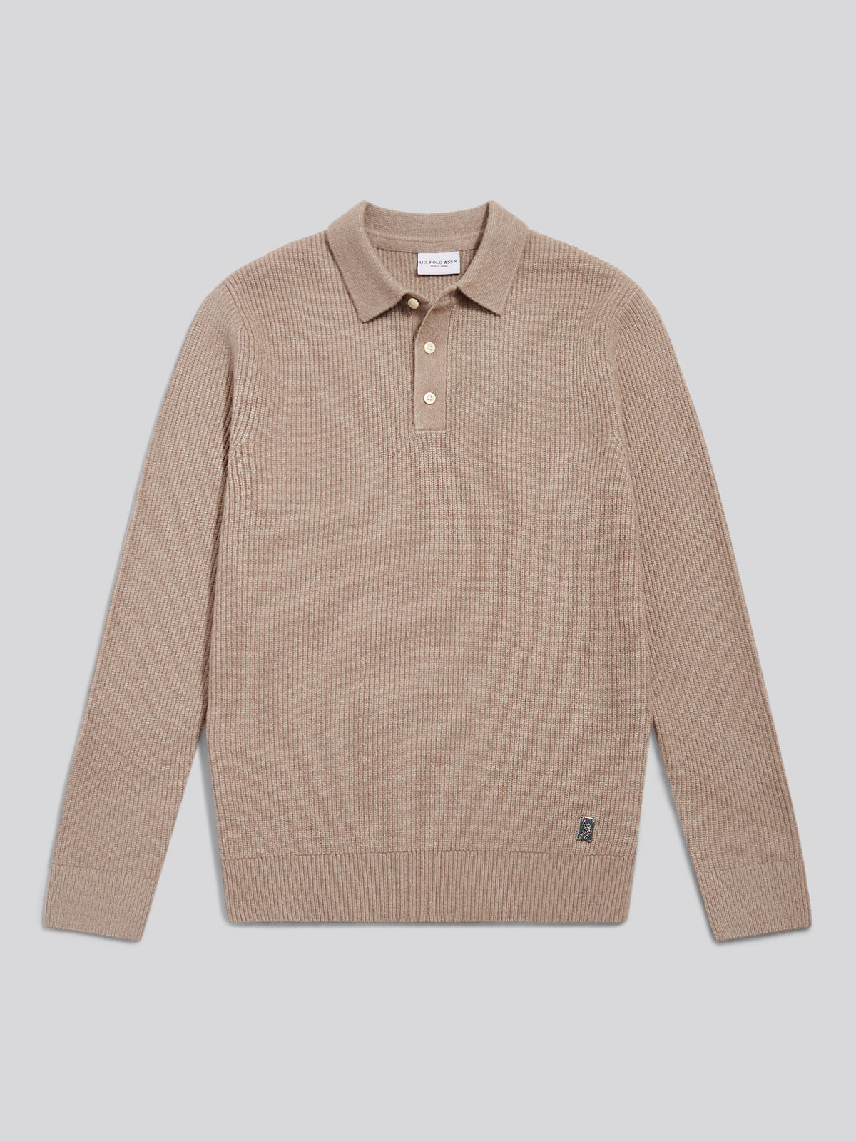 Mens Brushed Knit Long Sleeve Polo Shirt Cinder Marl