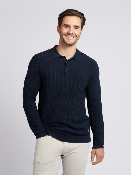 Mens Vertical Texture Stripe Knit Long Sleeve Polo Shirt in Dark Sapphire Navy