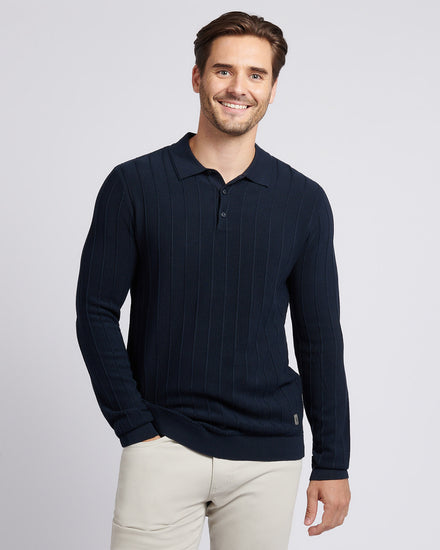 Mens Vertical Texture Stripe Knit Long Sleeve Polo Shirt in Dark Sapphire Navy