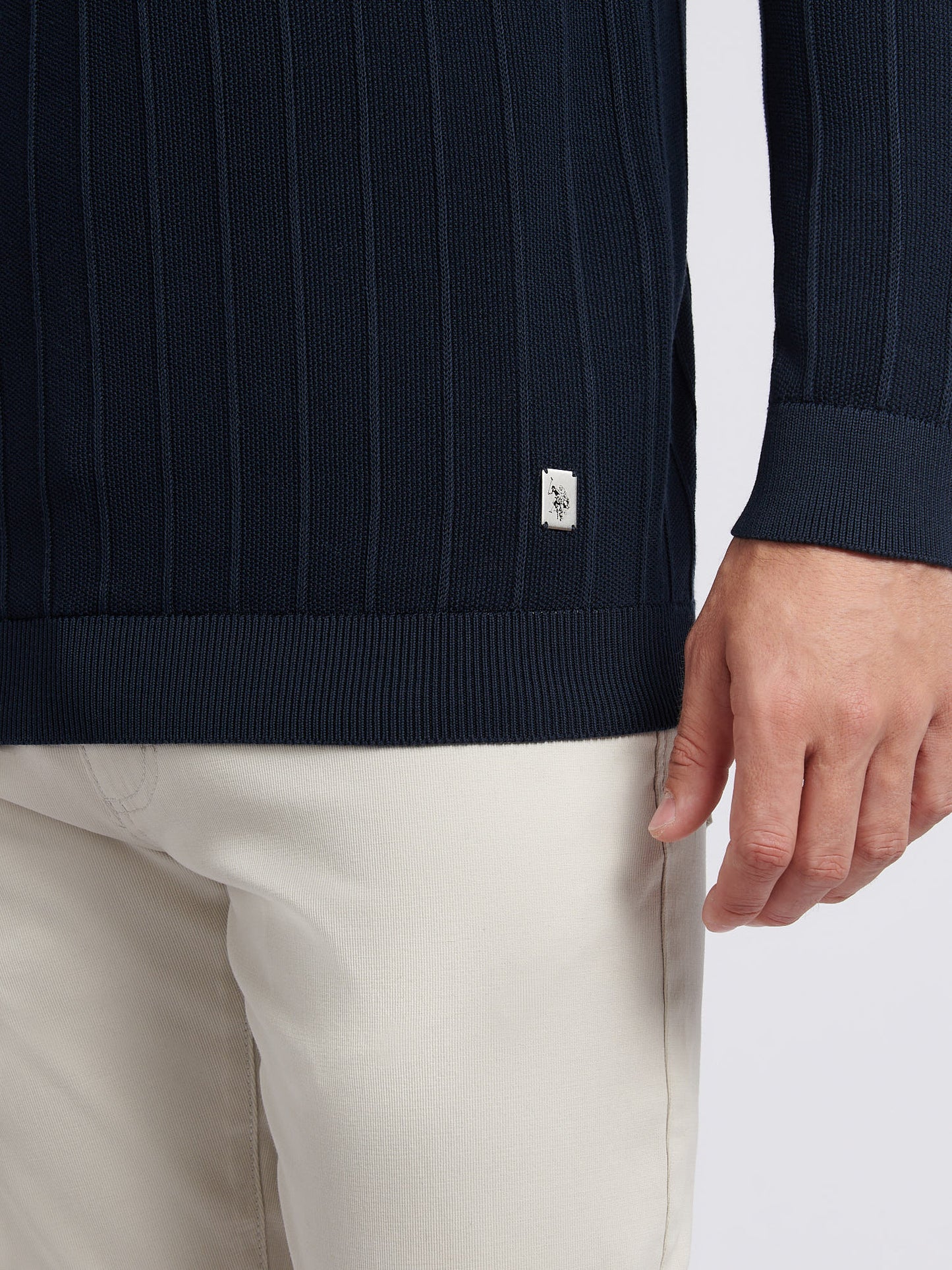 Mens Vertical Texture Stripe Knit Long Sleeve Polo Shirt in Dark Sapphire Navy