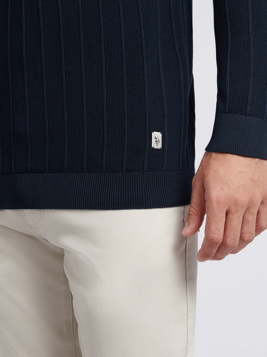 Mens Vertical Texture Stripe Knit Long Sleeve Polo Shirt in Dark Sapphire Navy