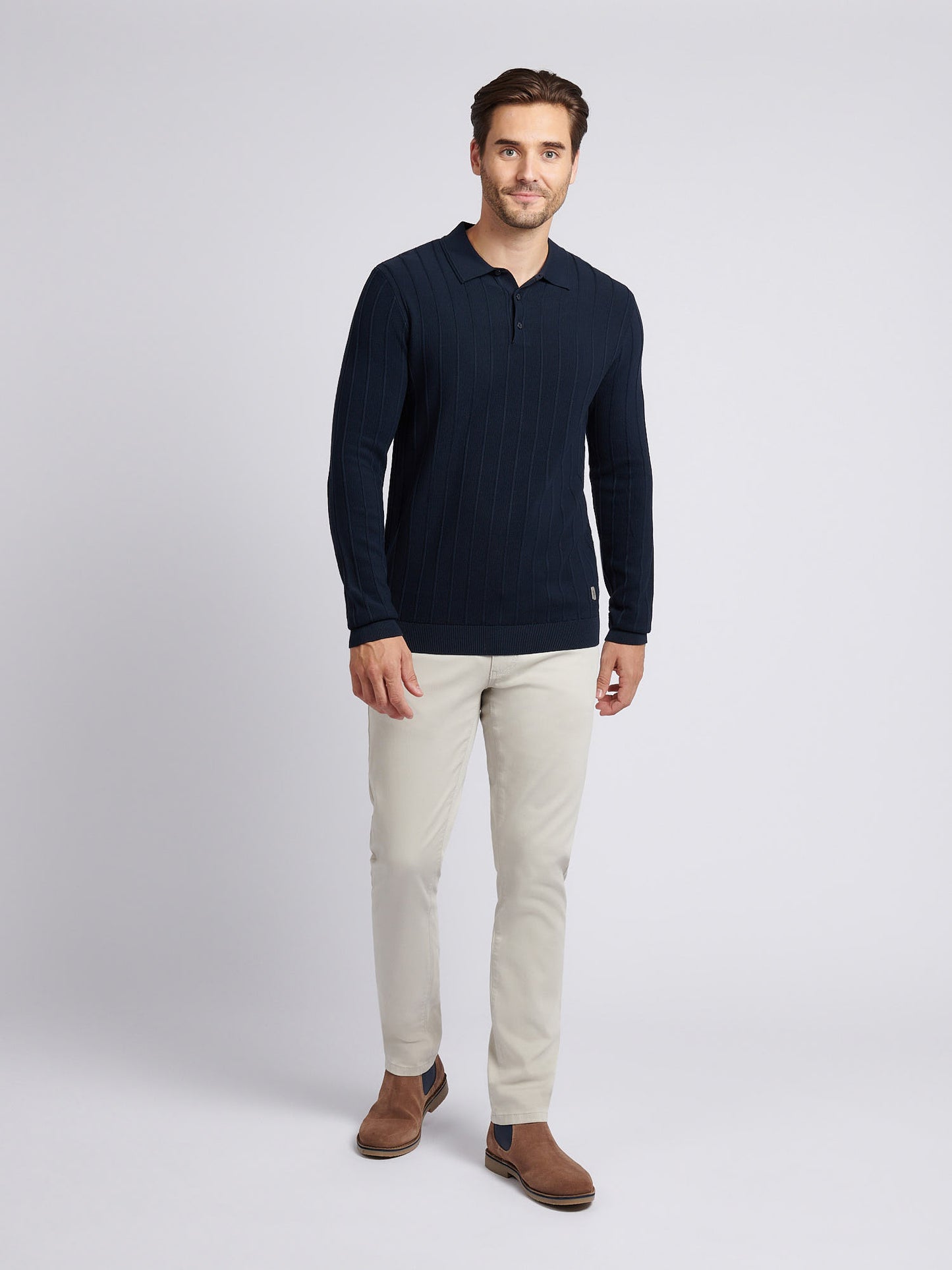 Mens Vertical Texture Stripe Knit Long Sleeve Polo Shirt in Dark Sapphire Navy