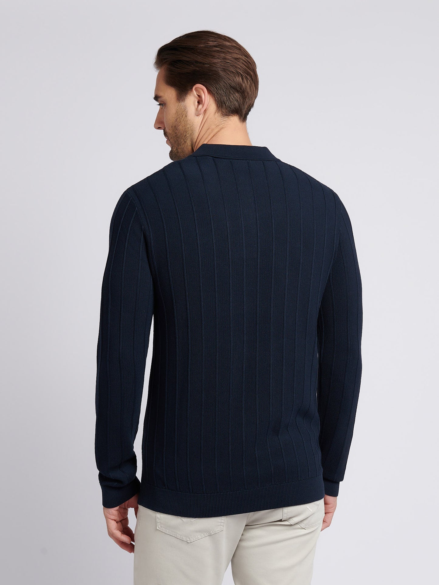 Mens Vertical Texture Stripe Knit Long Sleeve Polo Shirt in Dark Sapphire Navy