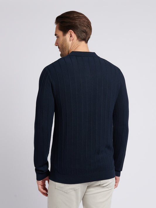 Mens Vertical Texture Stripe Knit Long Sleeve Polo Shirt in Dark Sapphire Navy