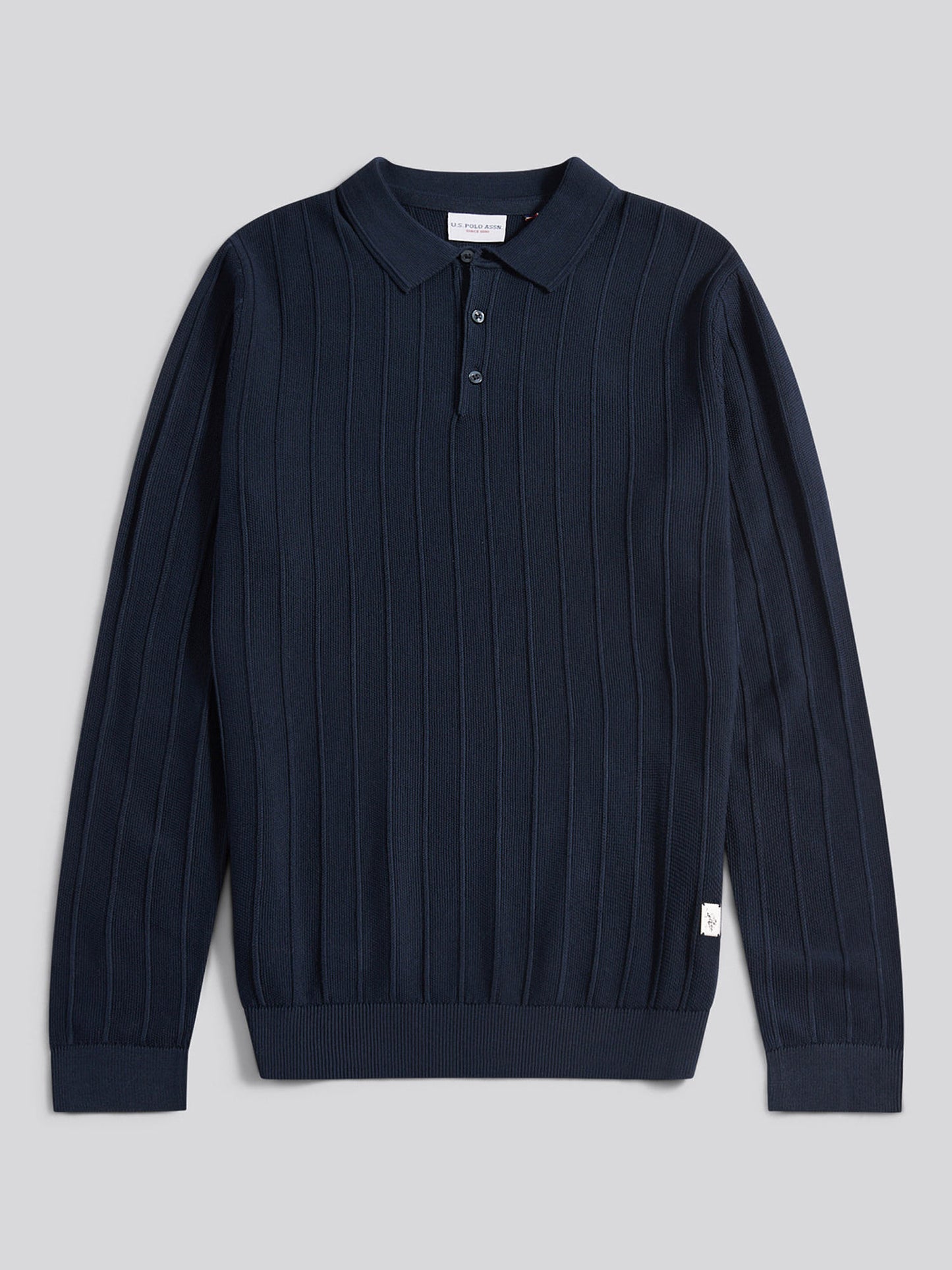Mens Vertical Texture Stripe Knit Long Sleeve Polo Shirt in Dark Sapphire Navy