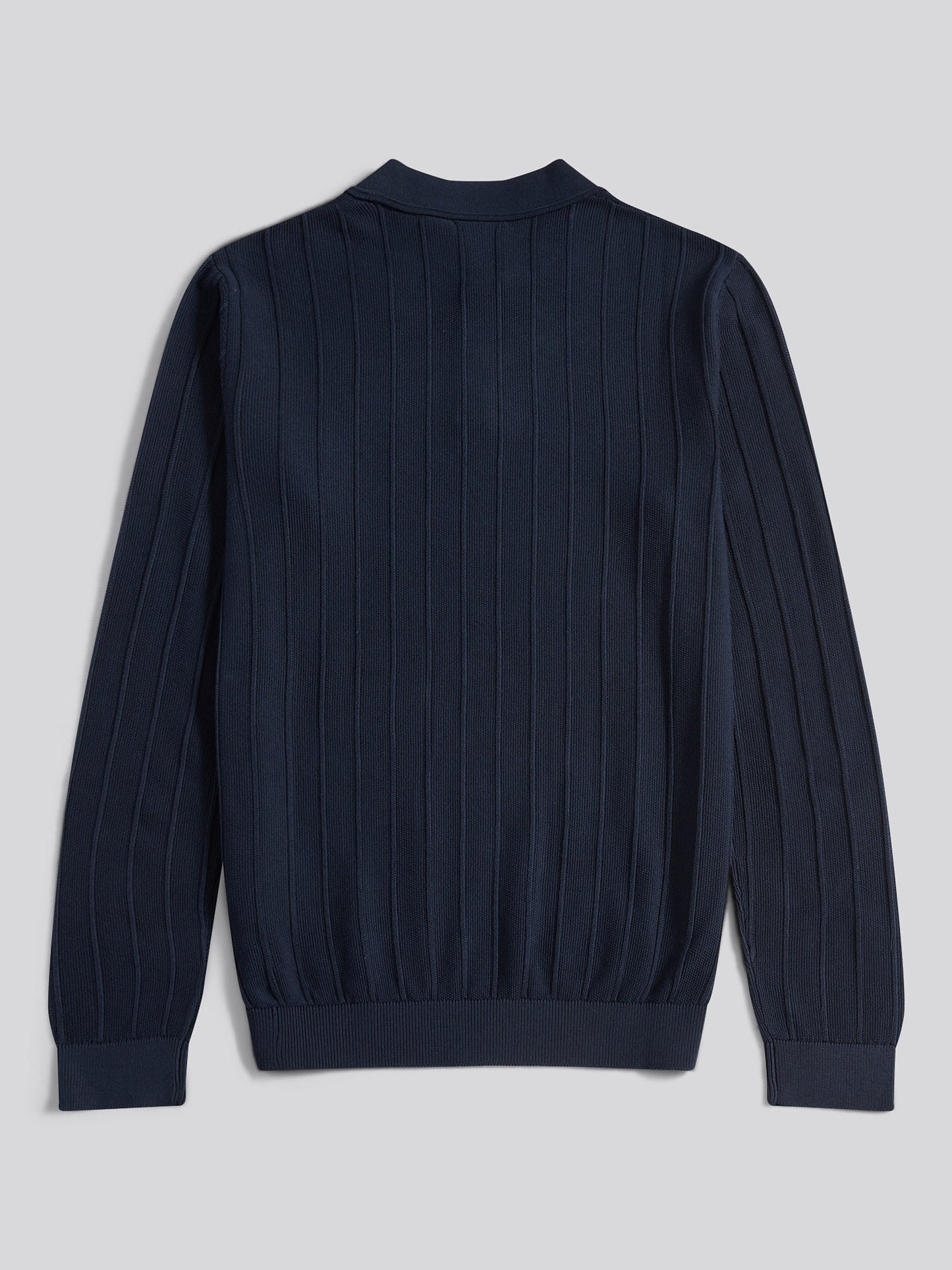 Mens Vertical Texture Stripe Knit Long Sleeve Polo Shirt in Dark Sapphire Navy