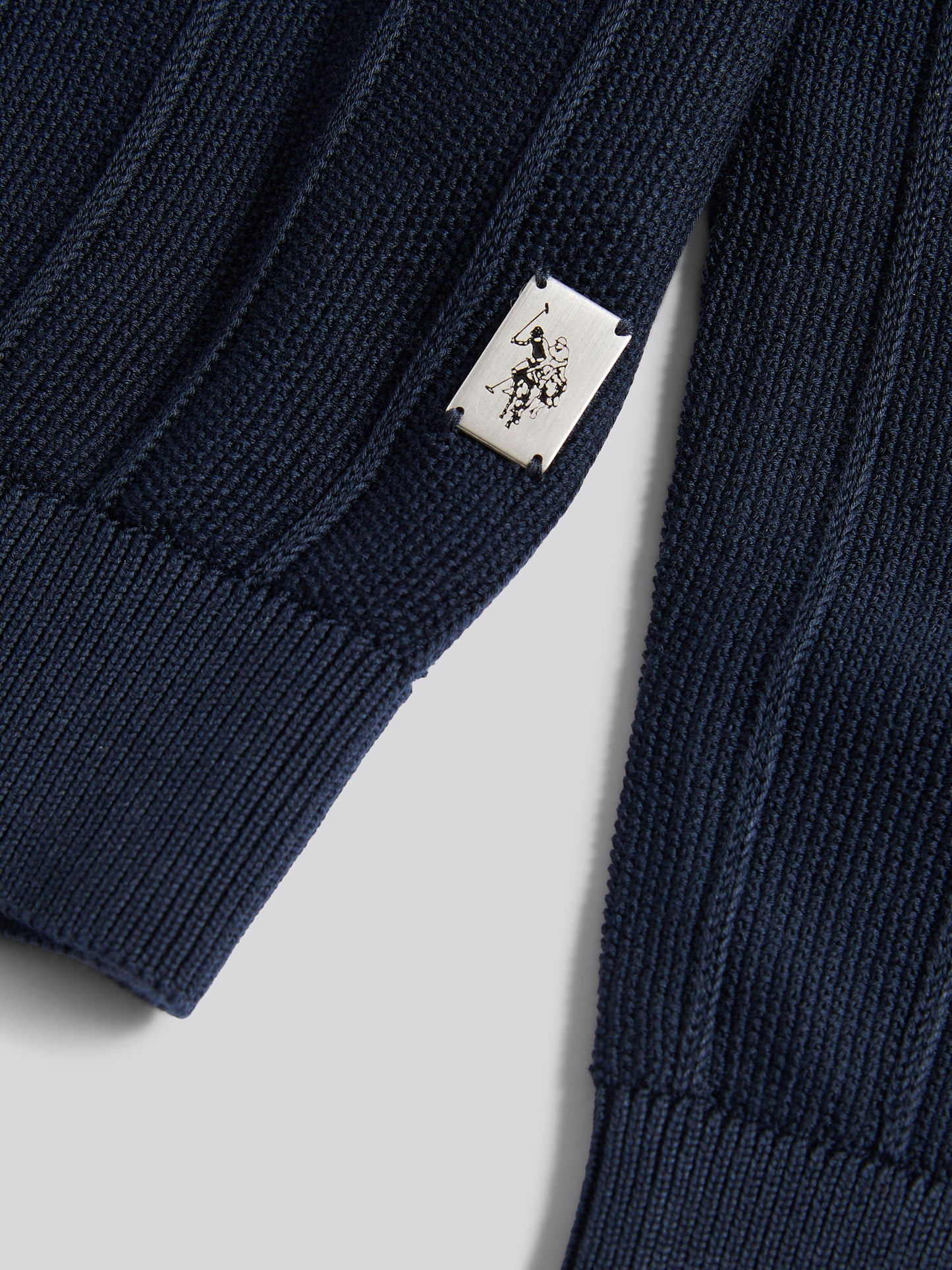 Mens Vertical Texture Stripe Knit Long Sleeve Polo Shirt in Dark Sapphire Navy