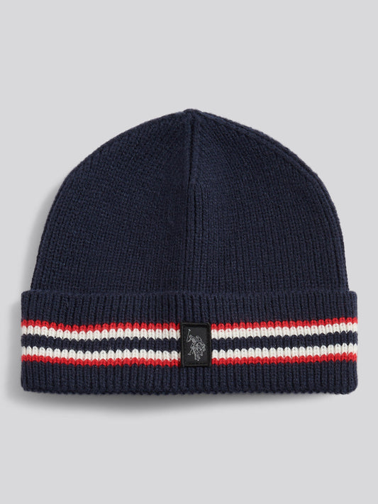 Mens Brand Stripe Knit Beanie in Dark Sapphire Navy