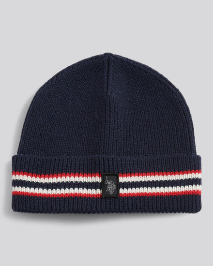 Mens Brand Stripe Knit Beanie in Dark Sapphire Navy
