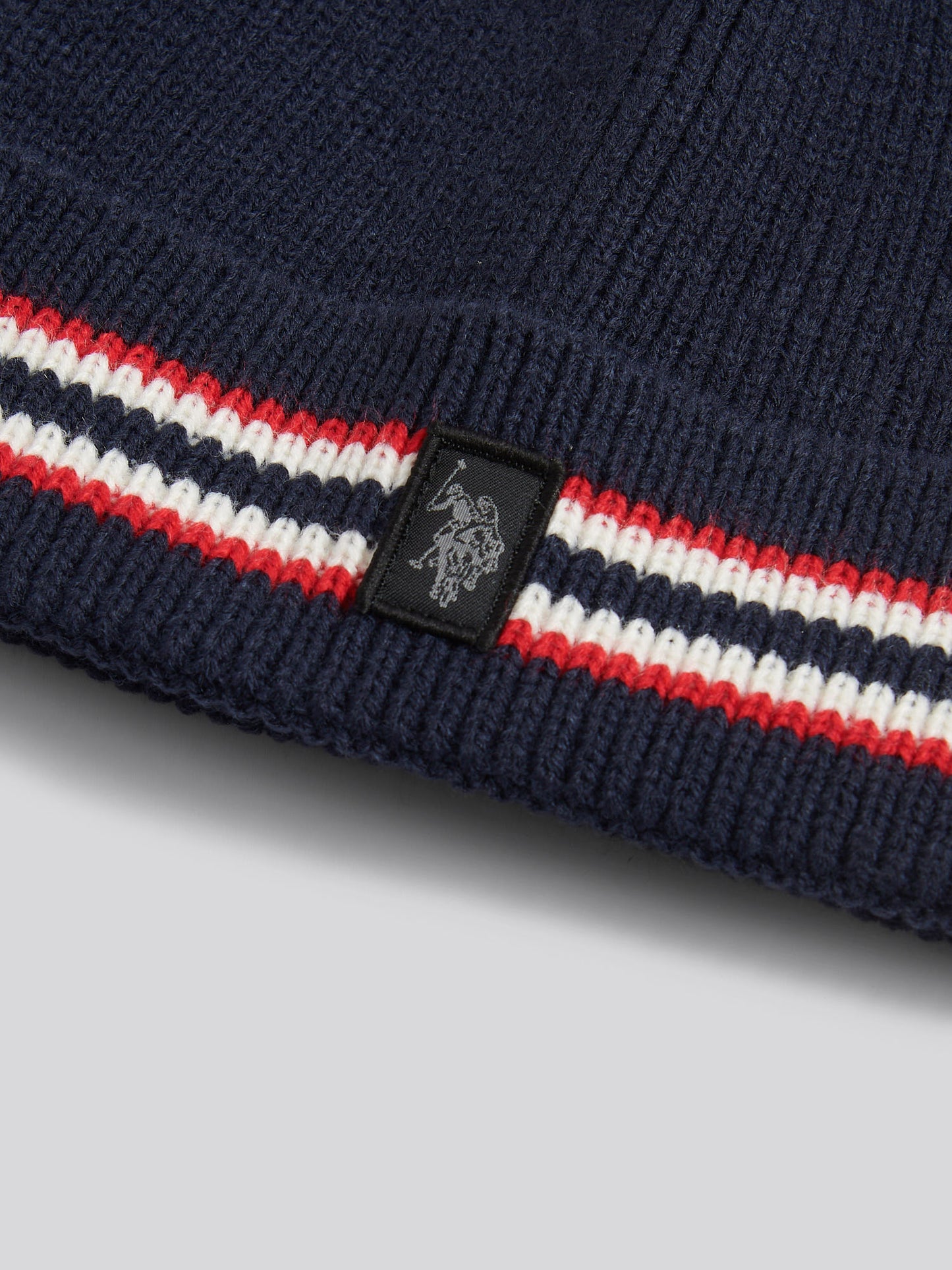 Mens Brand Stripe Knit Beanie in Dark Sapphire Navy