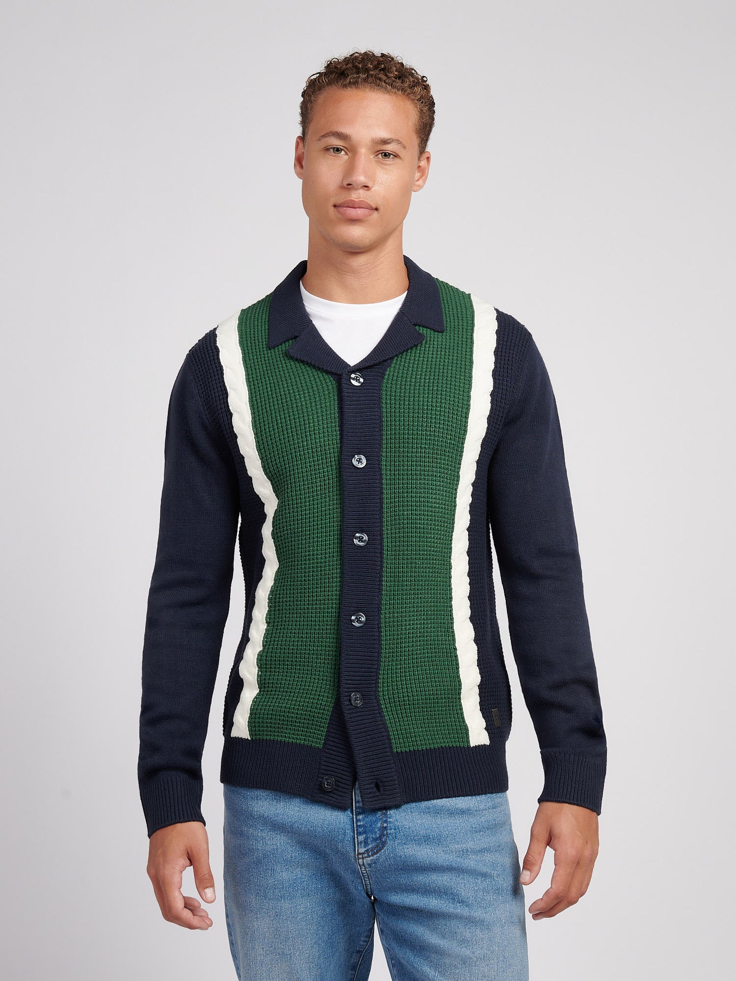 Mens Vertical Stripe Revere Knit Cardigan in Dark Sapphire Navy