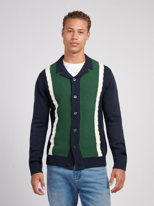 Mens Vertical Stripe Revere Knit Cardigan in Dark Sapphire Navy