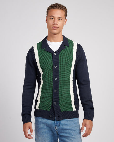Mens Vertical Stripe Revere Knit Cardigan in Dark Sapphire Navy