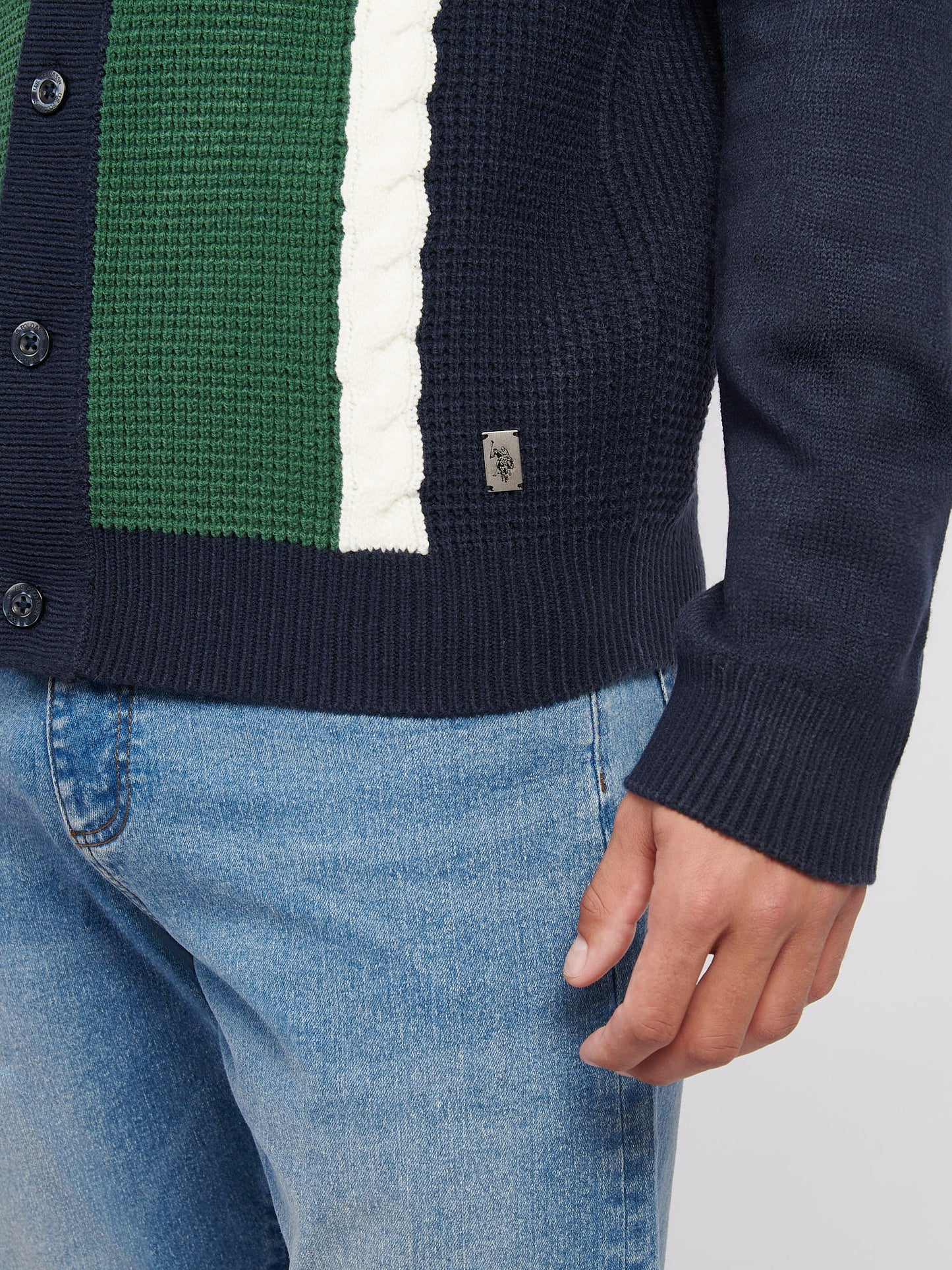 Mens Vertical Stripe Revere Knit Cardigan in Dark Sapphire Navy