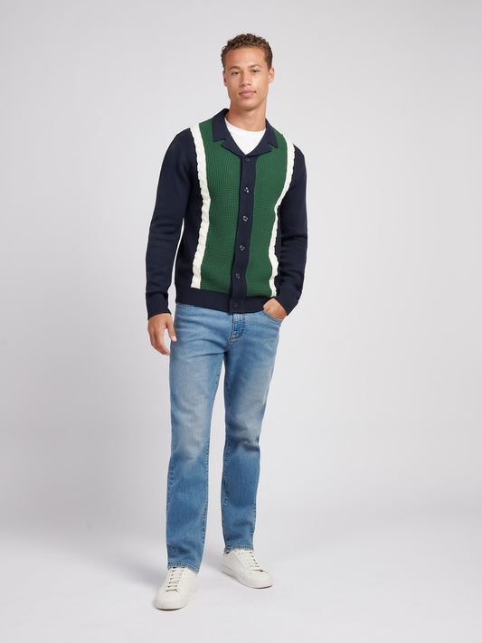 Mens Vertical Stripe Revere Knit Cardigan in Dark Sapphire Navy
