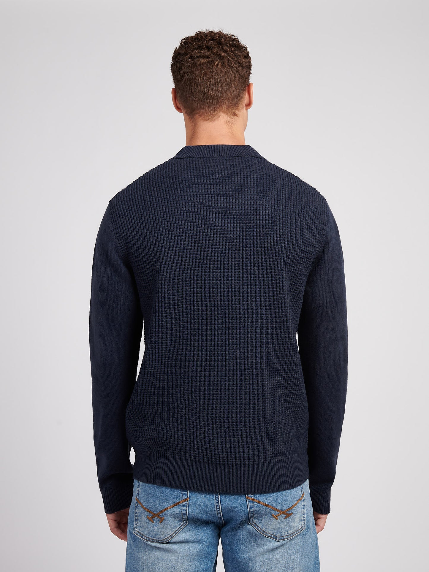 Mens Vertical Stripe Revere Knit Cardigan in Dark Sapphire Navy