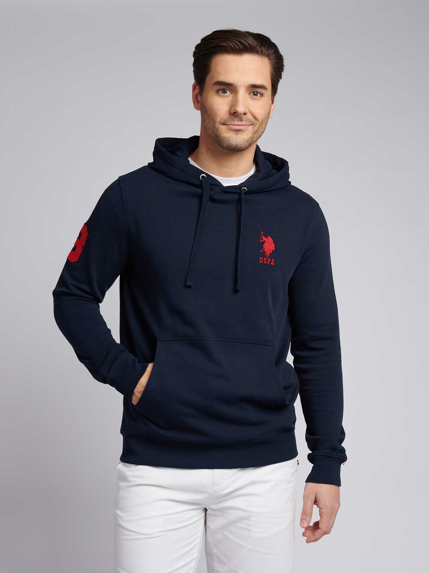 Mens Player 3 Loopback Hoodie in Dark Sapphire Navy / Haute Red DHM