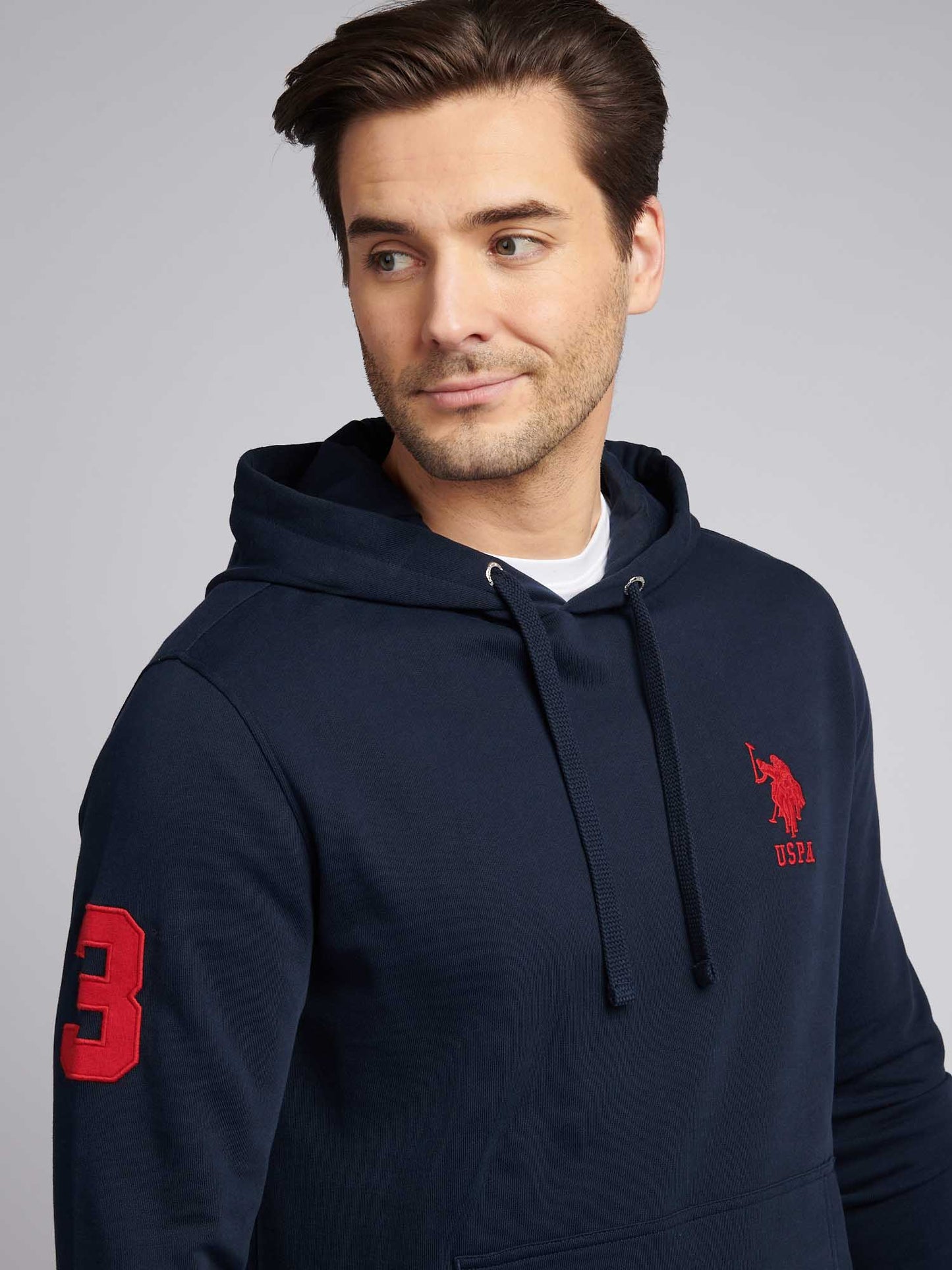 Mens Player 3 Loopback Hoodie in Dark Sapphire Navy / Haute Red DHM