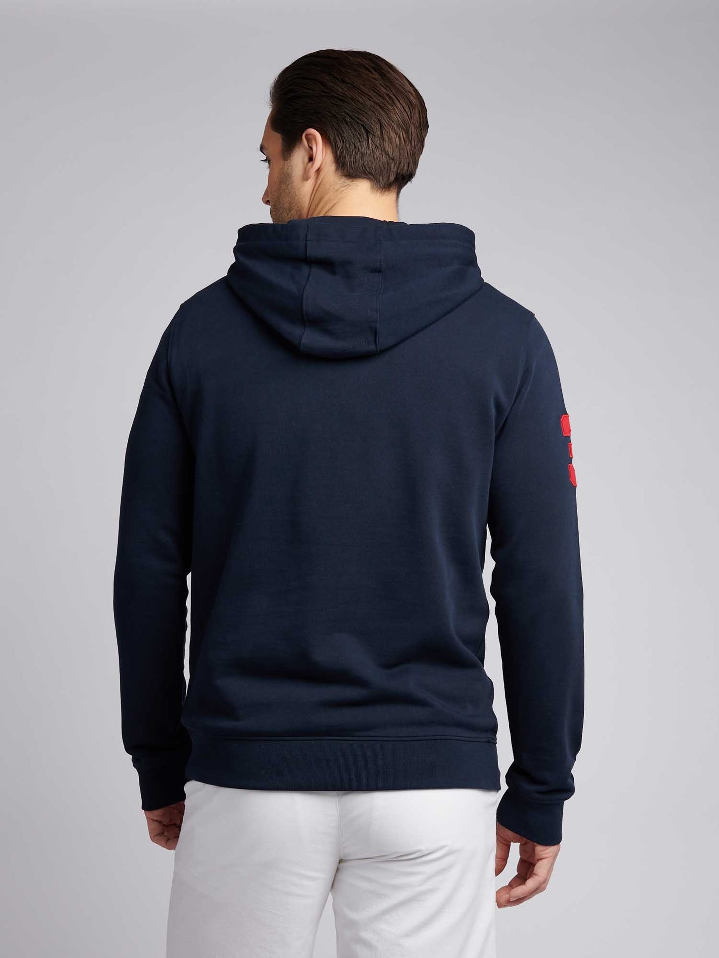 Mens Player 3 Loopback Hoodie in Dark Sapphire Navy / Haute Red DHM