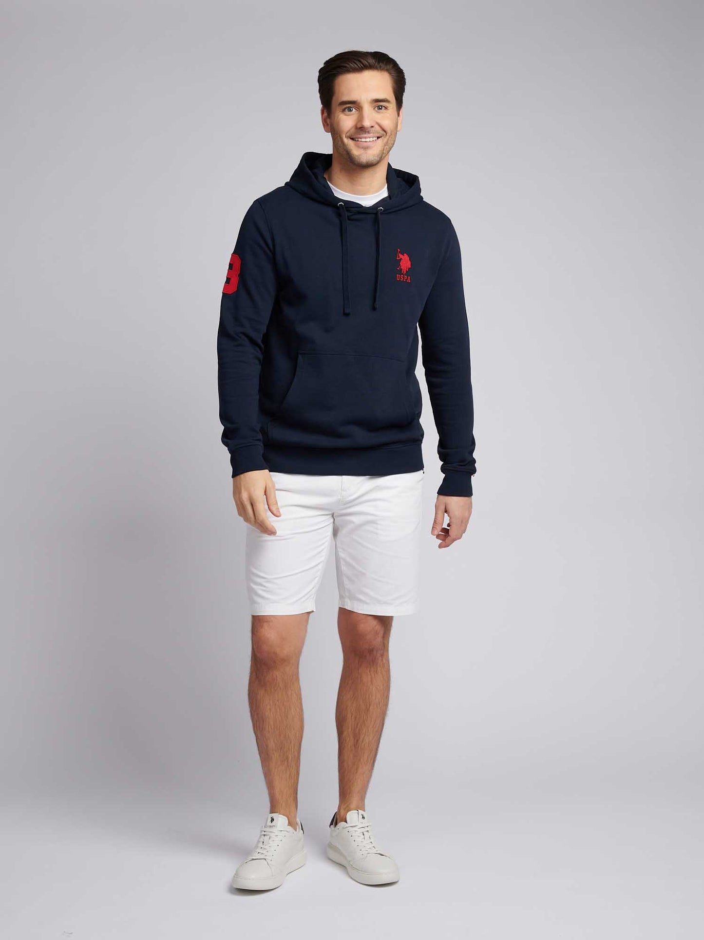 Mens Player 3 Loopback Hoodie in Dark Sapphire Navy / Haute Red DHM