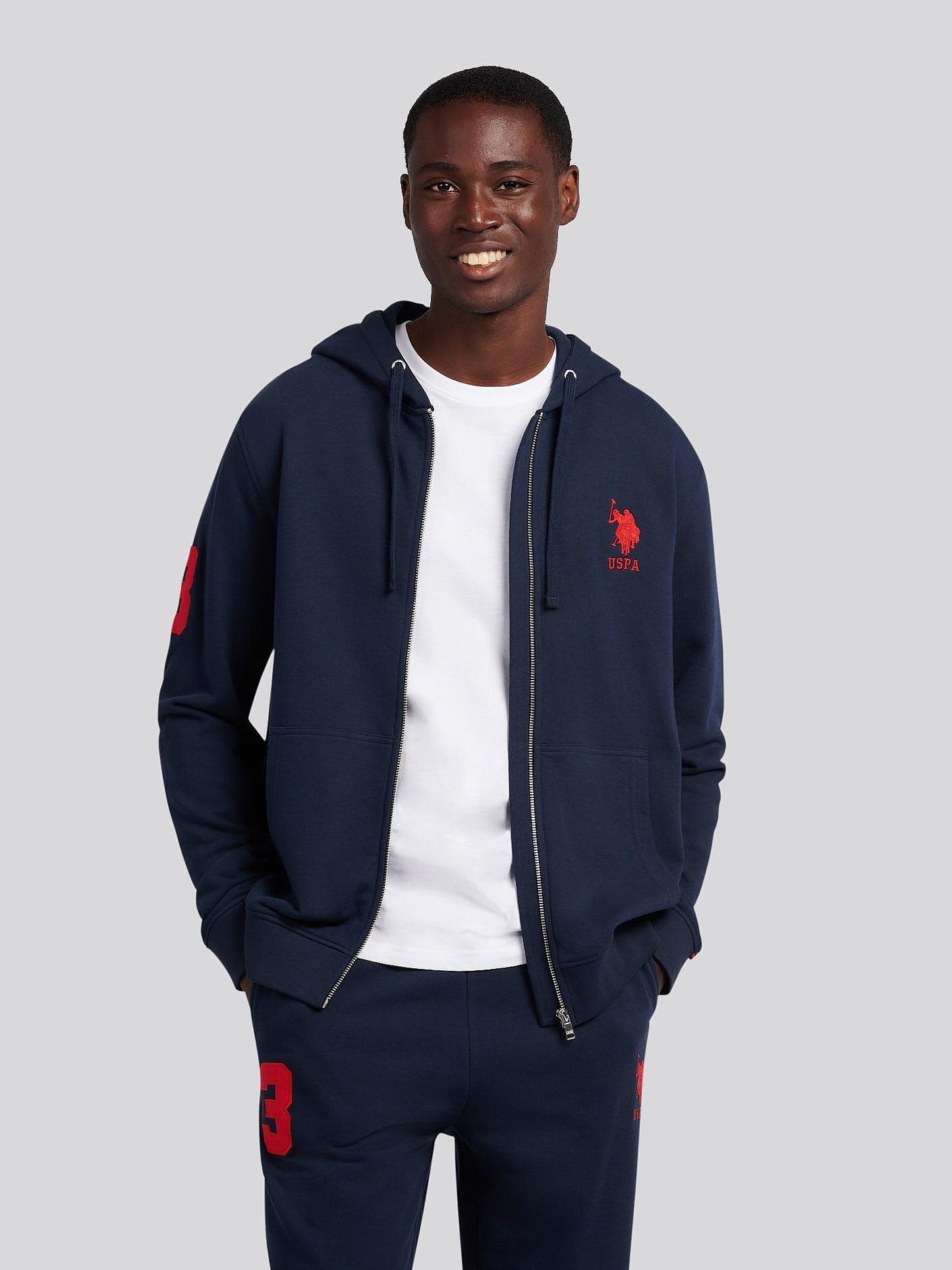 Mens Player 3 Zip Hoodie in Dark Sapphire Navy / Haute Red DHM