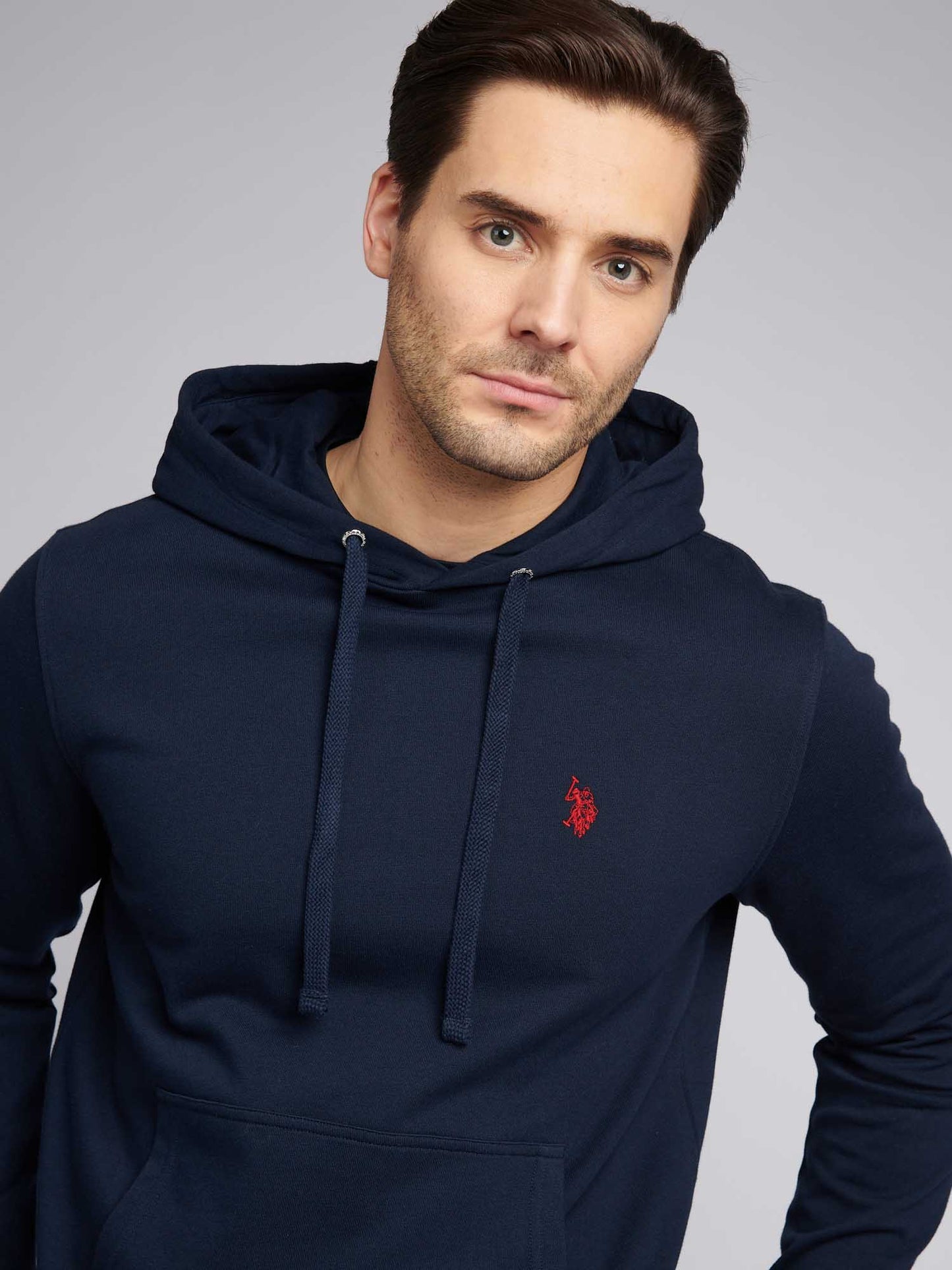 Mens Double Horsemen Loopback Hoodie in Dark Sapphire Navy / Haute Red DHM