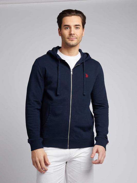 Mens Double Horsemen Loopback Zip Hoodie in Dark Sapphire Navy / Haute Red DHM