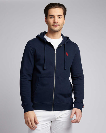 Mens Double Horsemen Loopback Zip Hoodie in Dark Sapphire Navy / Haute Red DHM