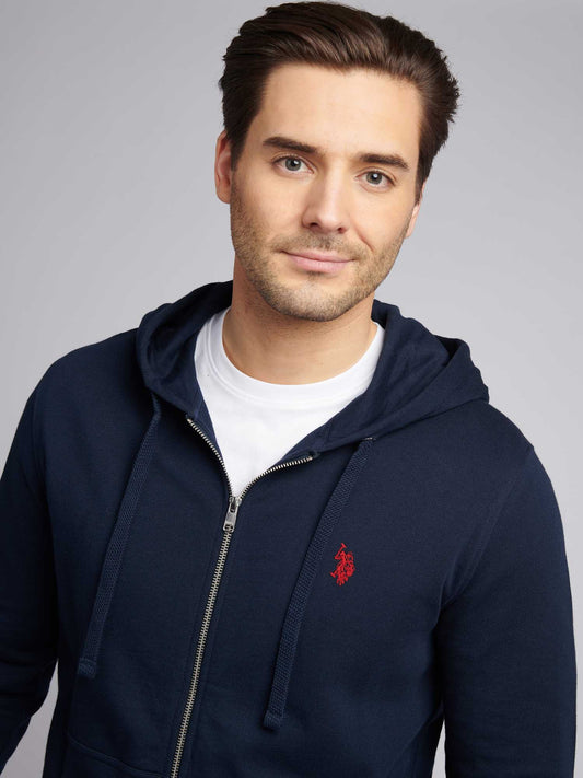 Mens Double Horsemen Loopback Zip Hoodie in Dark Sapphire Navy / Haute Red DHM