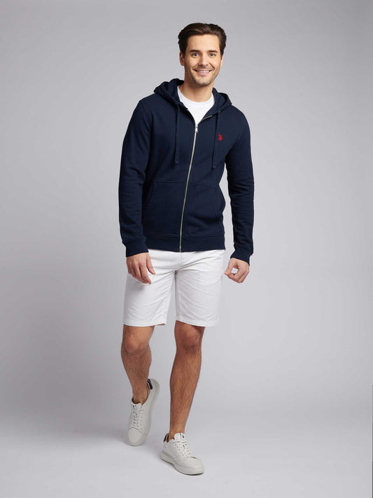 Mens Double Horsemen Loopback Zip Hoodie in Dark Sapphire Navy / Haute Red DHM