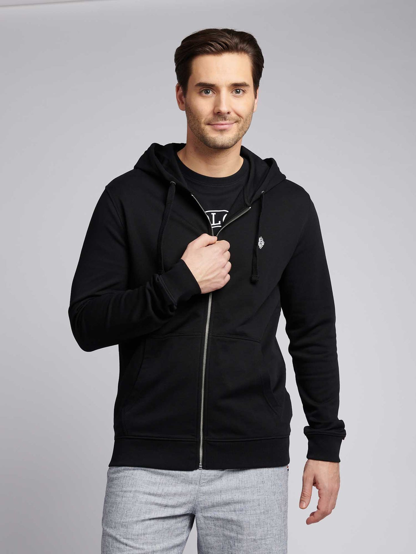 Mens Double Horsemen Loopback Zip Hoodie in Black Bright White DHM