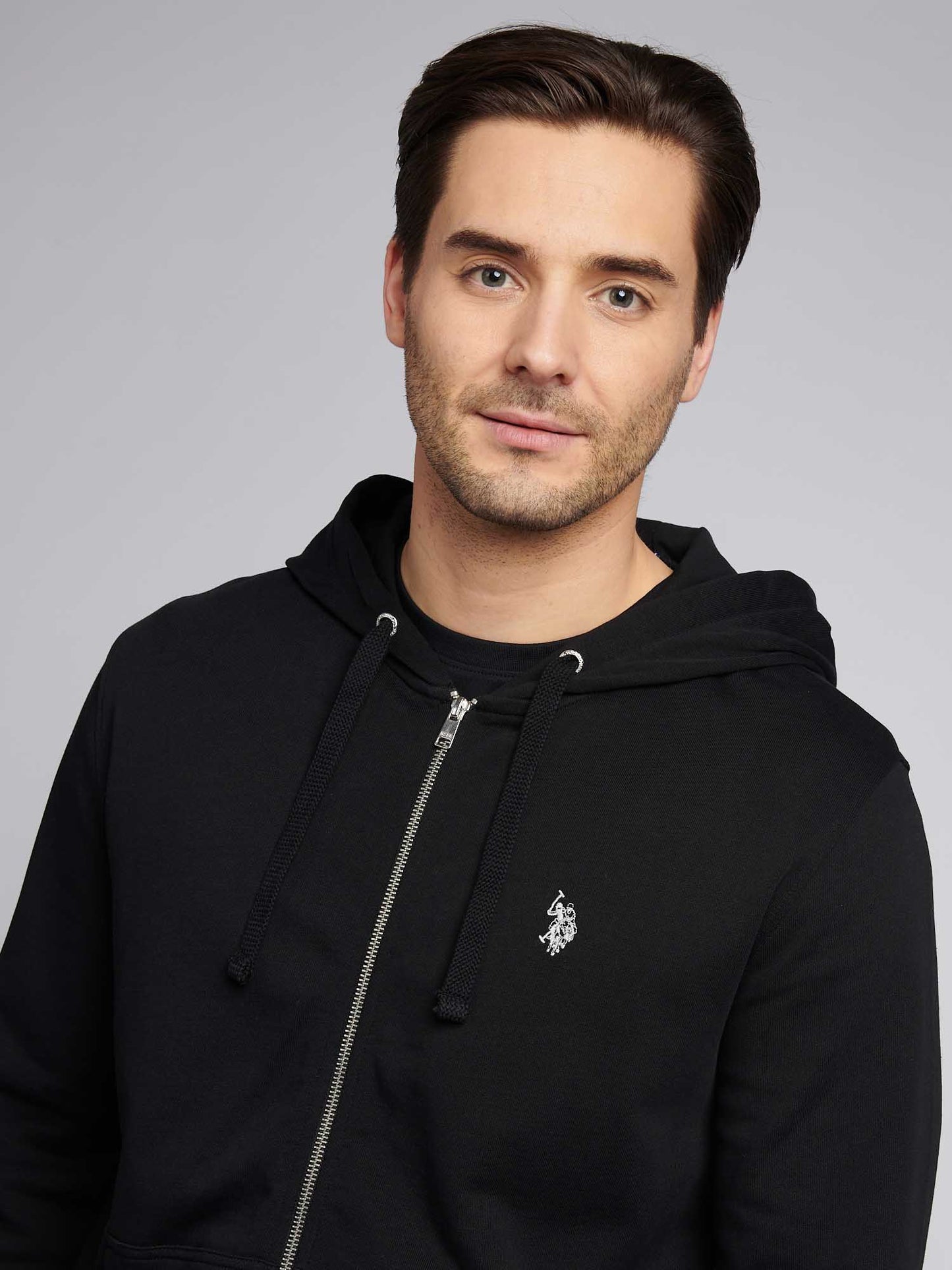 Mens Double Horsemen Loopback Zip Hoodie in Black Bright White DHM