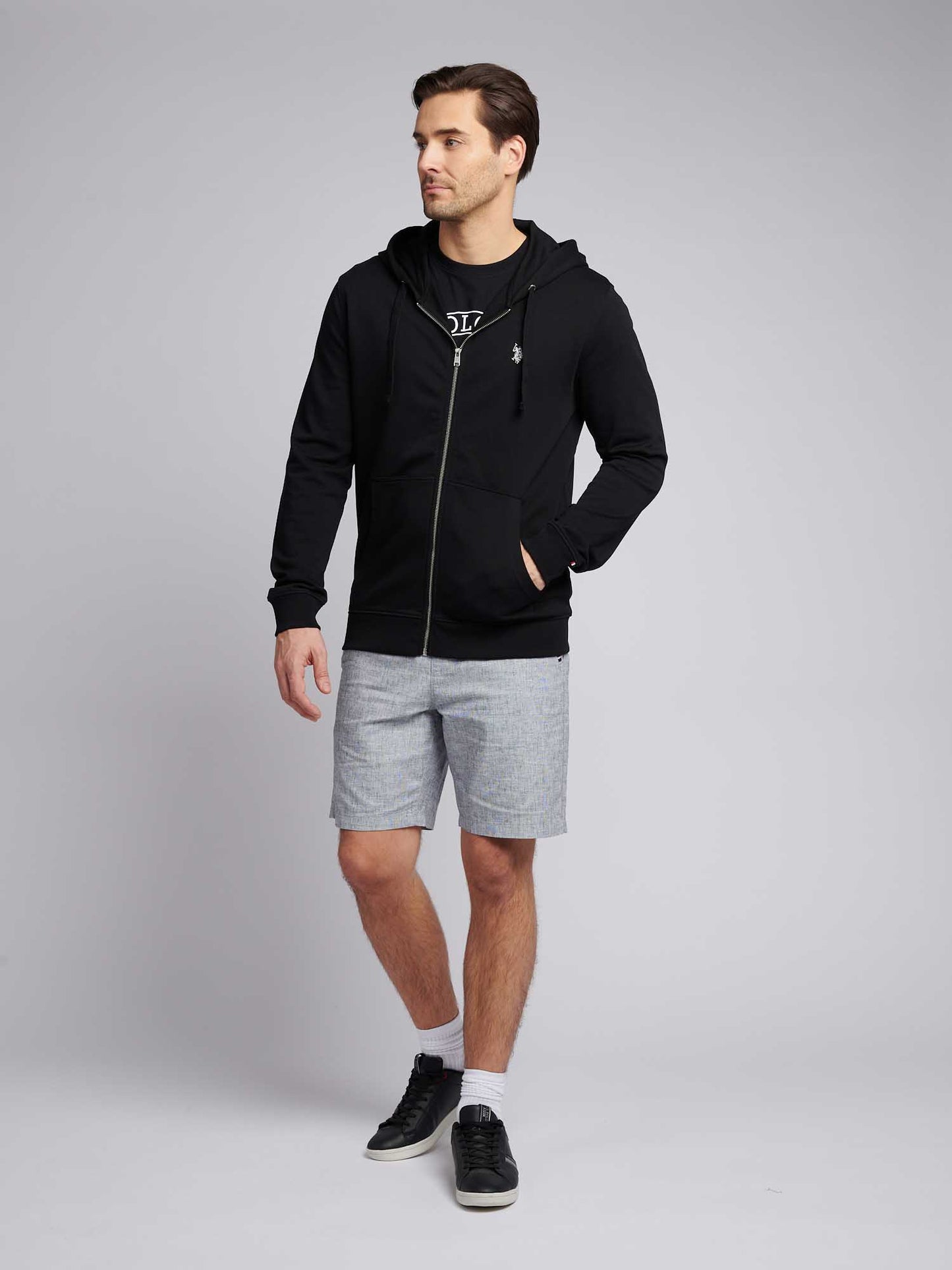 Mens Double Horsemen Loopback Zip Hoodie in Black Bright White DHM