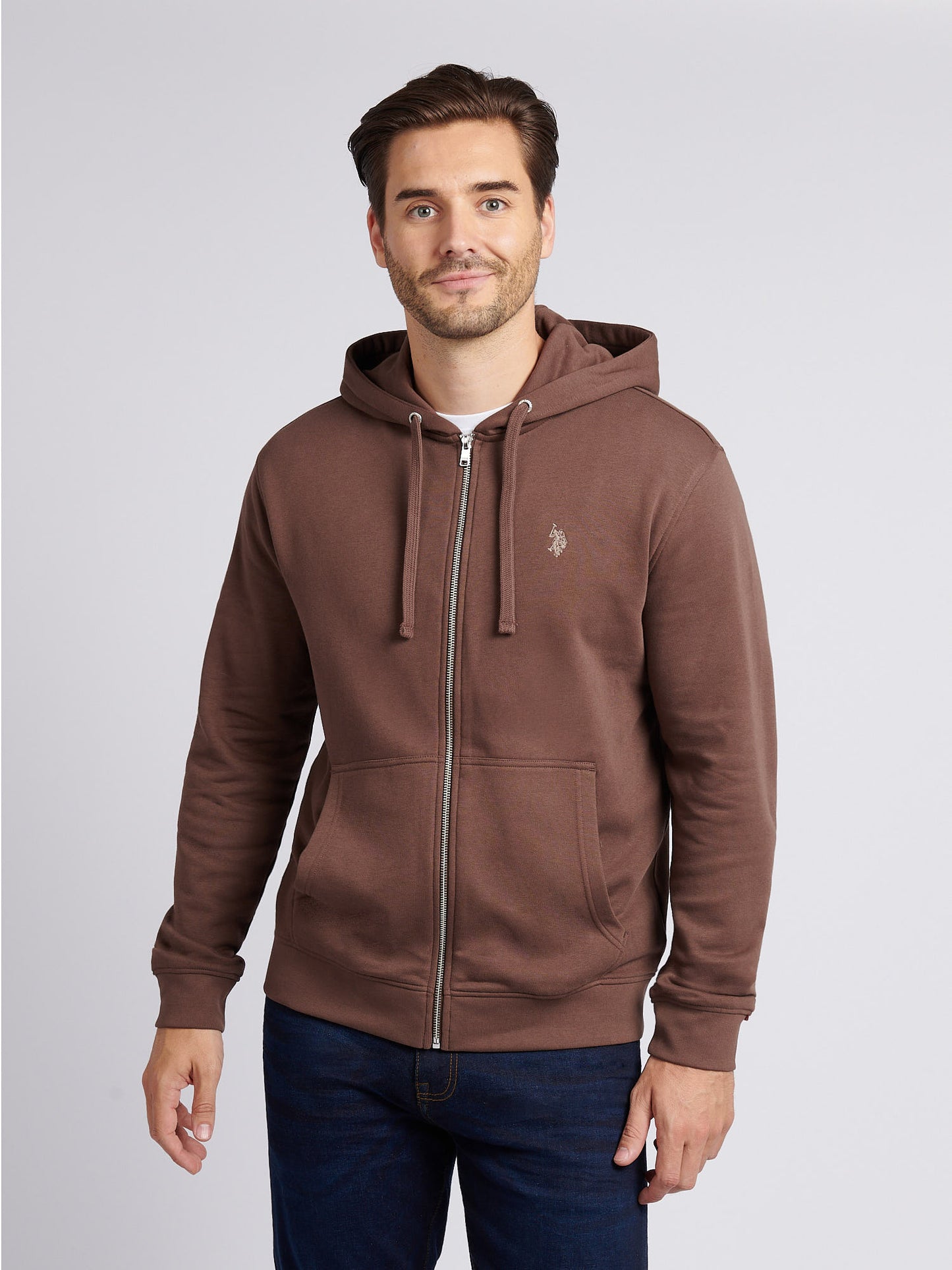 Mens Double Horsemen Loopback Zip Hoodie in Chocolate Martini