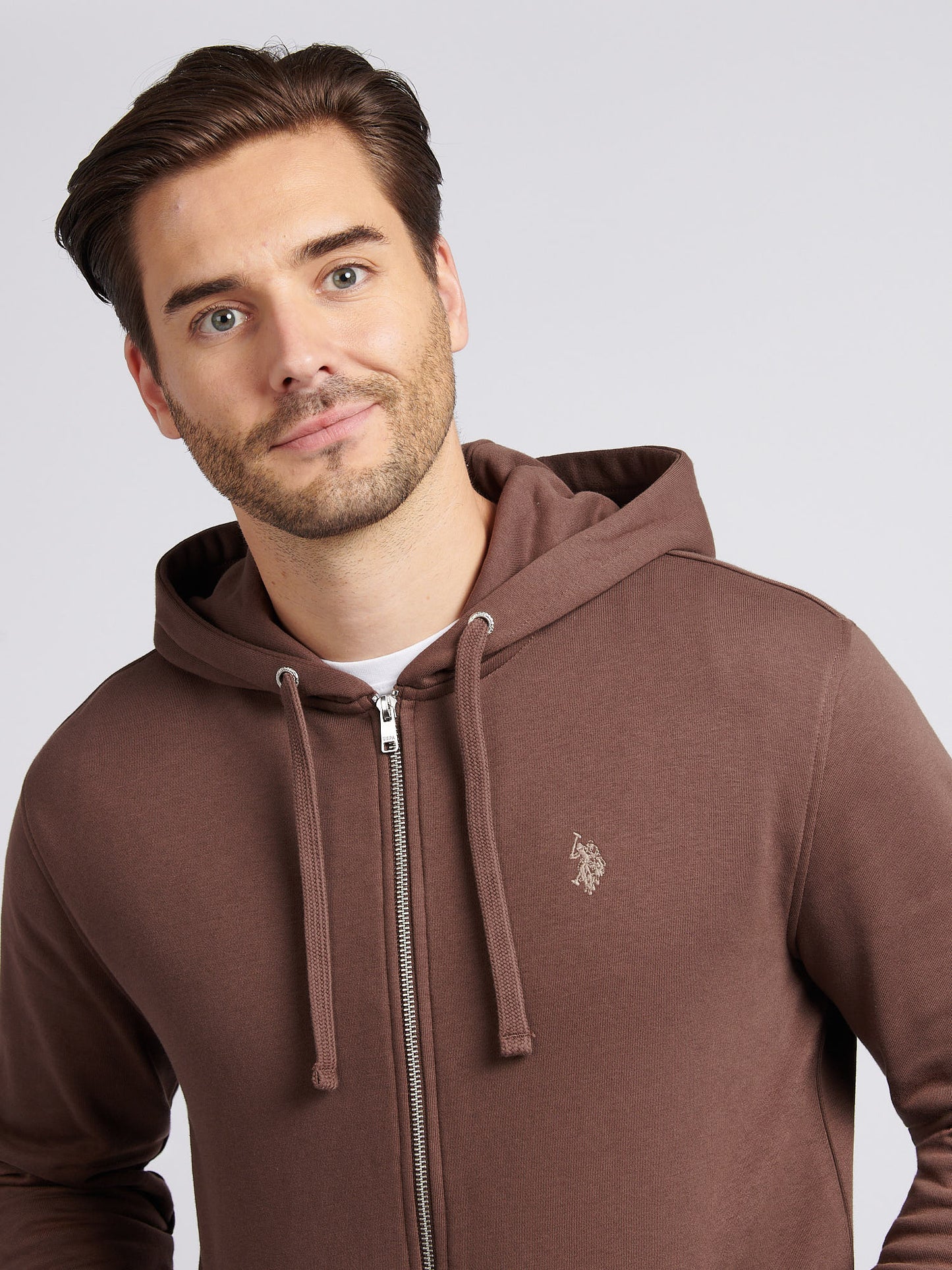 Mens Double Horsemen Loopback Zip Hoodie in Chocolate Martini