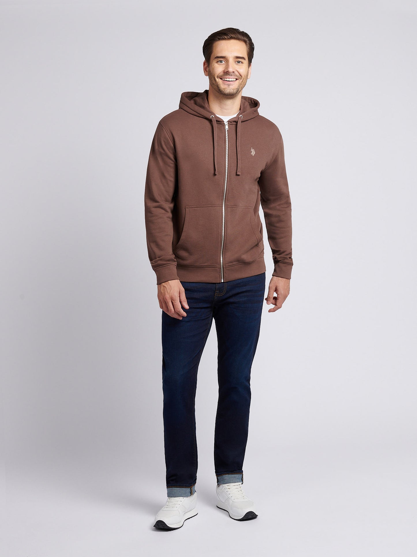 Mens Double Horsemen Loopback Zip Hoodie in Chocolate Martini