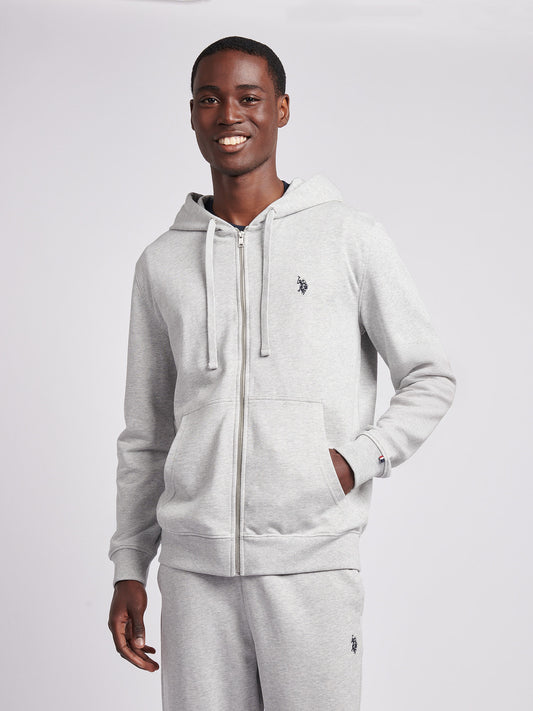 Mens Double Horsemen Loopback Zip Hoodie in Mid Grey Marl